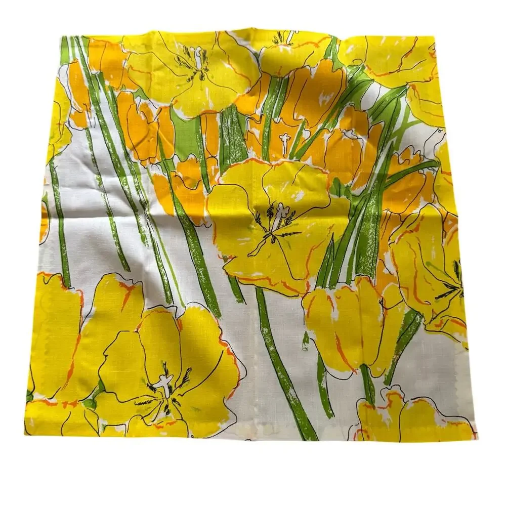 Vintage Mod Floral Cloth Napkins Set of 6 Large Yellow Poppy Orange Flowers 15